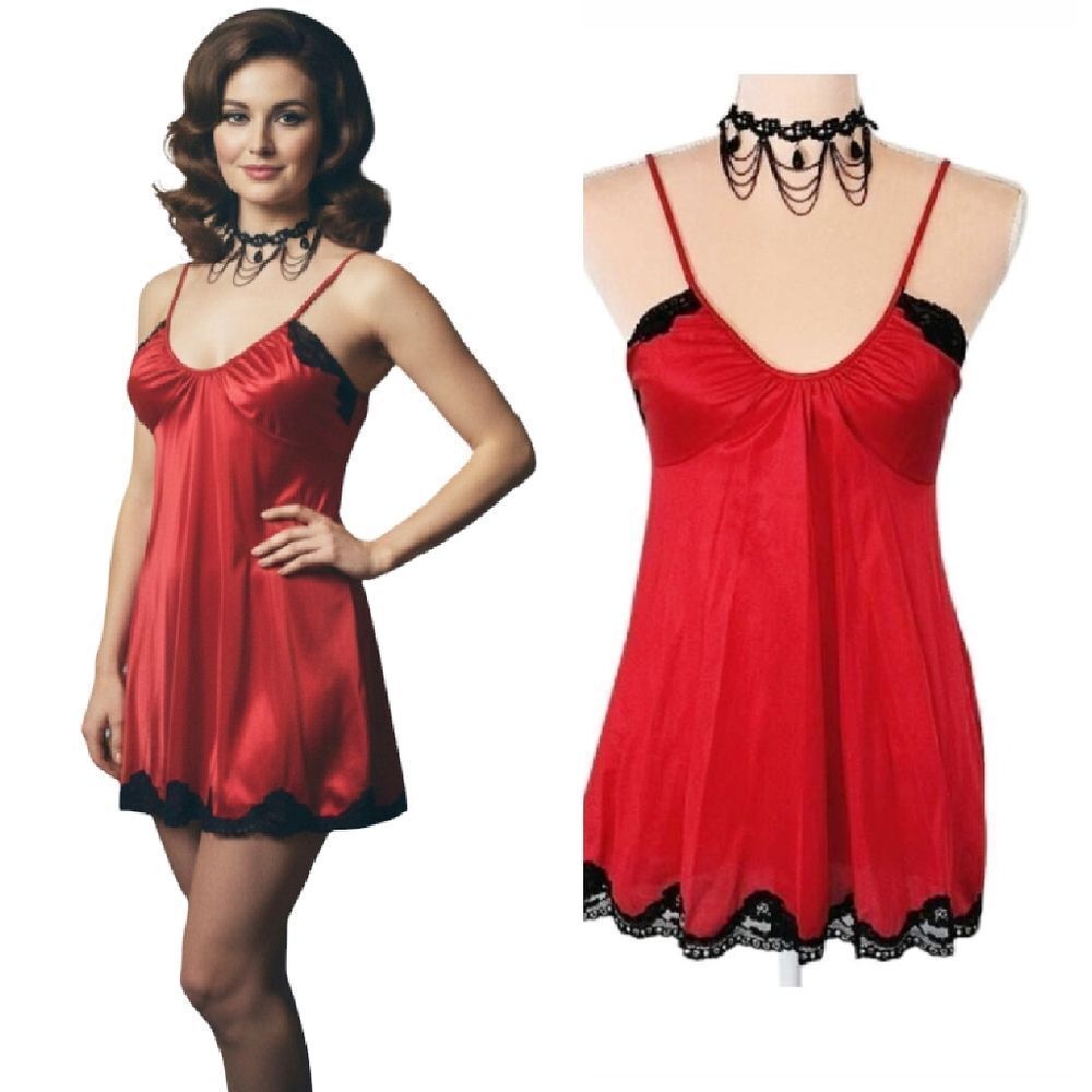 VTG 60s USA Red Black Nylon Scoop Neck Babydoll Lingerie Slip Small Coquette